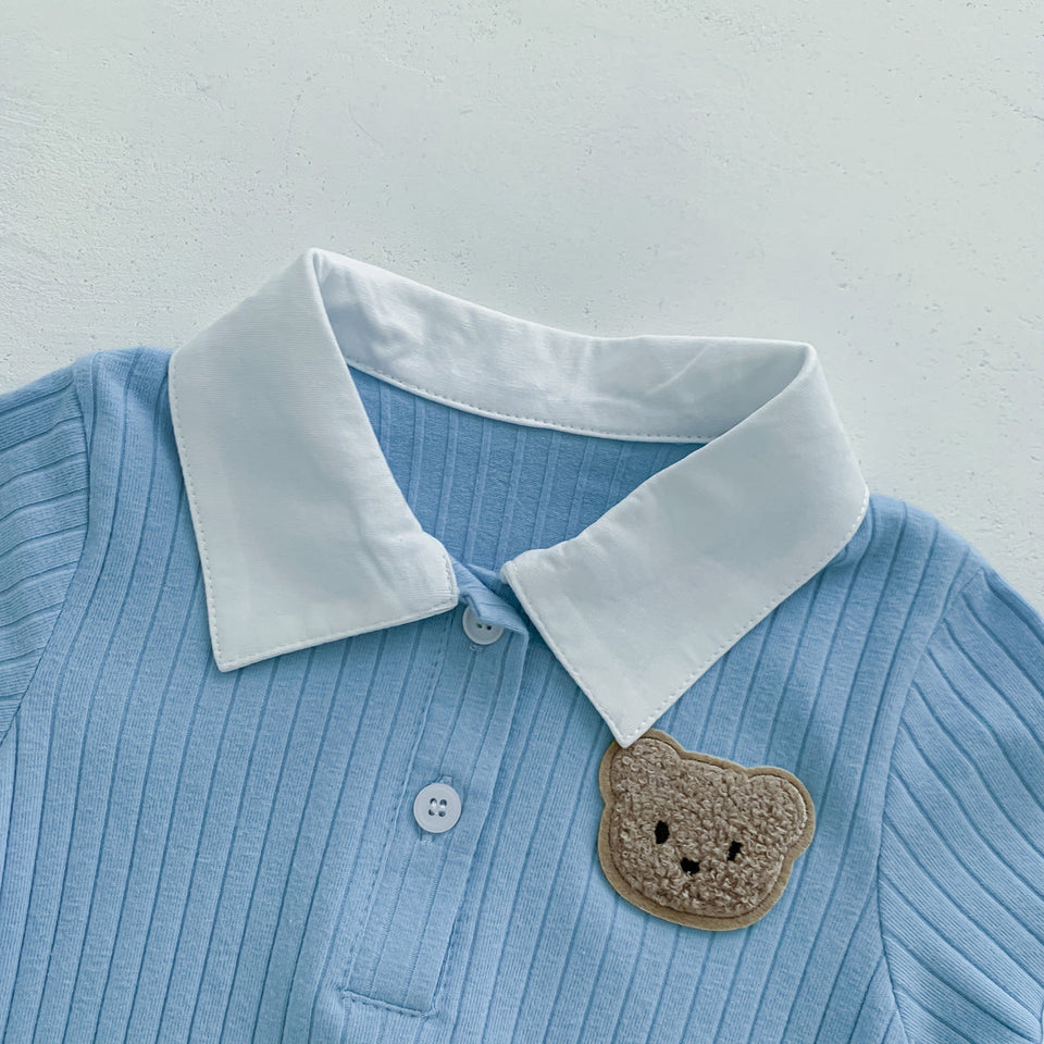 Ju Ju Jam Boys Romper with Teddy Design and Collar - Trendy romper featuring a teddy bear graphic and a classic collar.