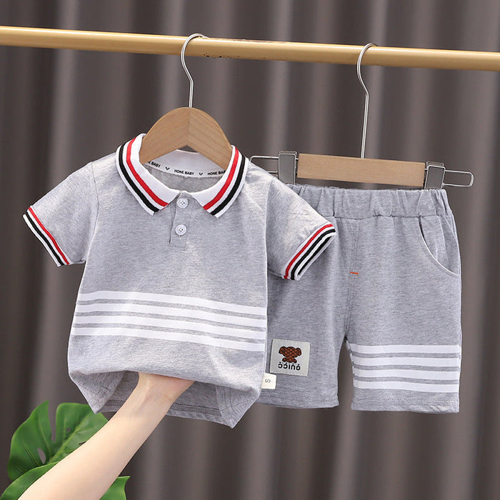 Collared Gray Striped T-shirt and Shorts Boys Set by Ju Ju Jam