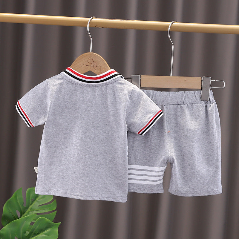Stylish Collared Gray Striped T-shirt and Shorts Boys Set