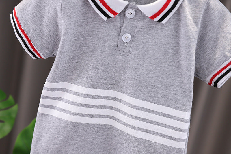 Comfortable Collared Gray Striped T-shirt and Shorts Boys Set