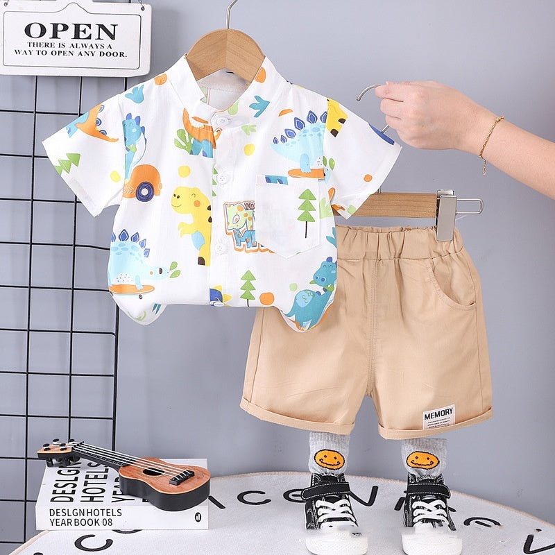 Ju Ju Jam boys' clothing set with a colourful dino print, featuring a vibrant shirt and matching pants.