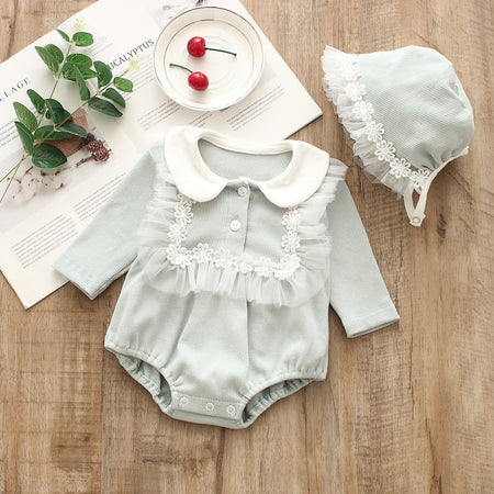Royal Ribbed Baby Girls Romper with Bucket Hat