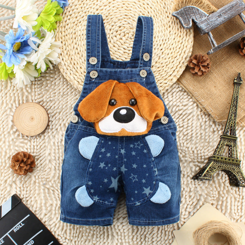 Denim Cute 3D Dog Boys and Girls Jumpsuit by Ju Ju Jam - Adorable denim jumpsuit featuring a 3D dog design for kids.