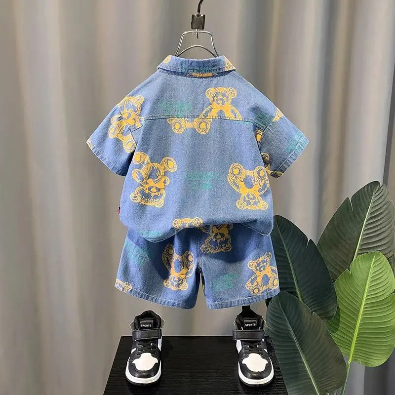 Denim Korean Styled Boys Co-ord Set by Ju Ju Jam - Stylish boys' set with teddy print, perfect for a fashionable look.