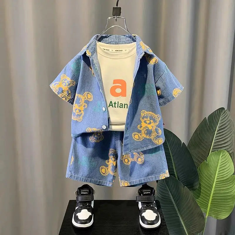 Ju Ju Jam Boys Denim Co-ord Set - Korean style outfit with teddy bear print, ideal for casual and trendy wear.