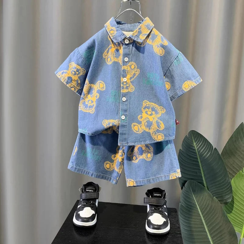 Ju Ju Jam Denim Korean Styled Boys Co-ord Set - Teddy Print, featuring a trendy denim outfit with a cute teddy bear design.