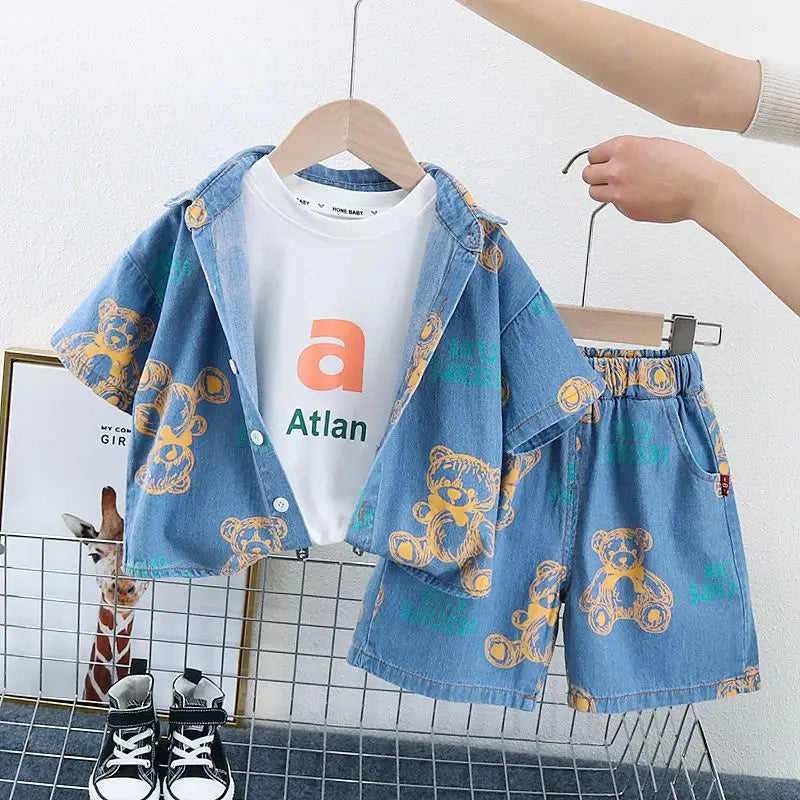 Korean Styled Boys Denim Co-ord Set with Teddy Print - Ju Ju Jam's fashionable and comfortable outfit for boys.