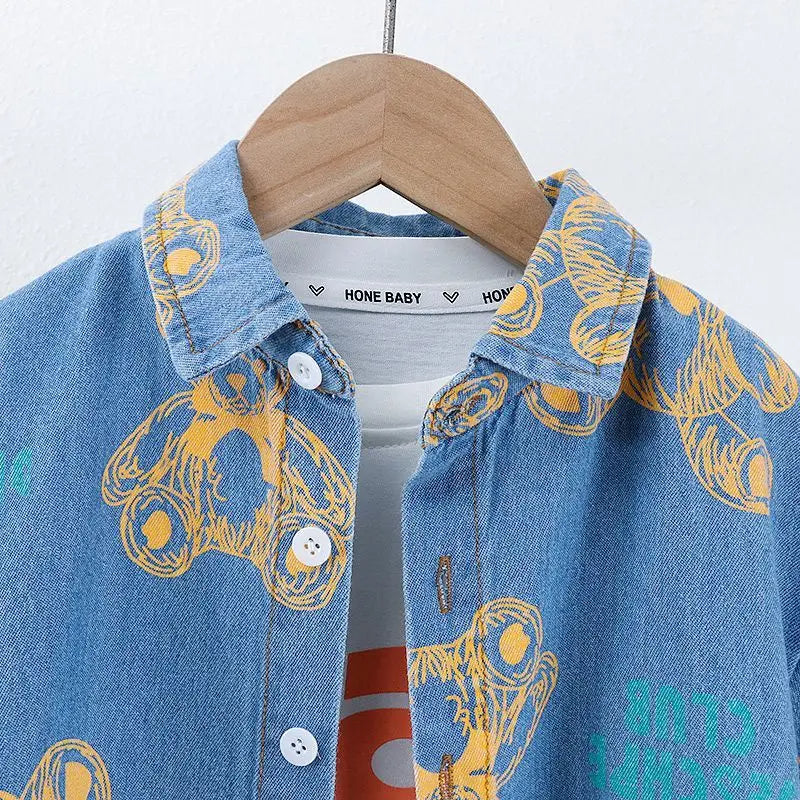Ju Ju Jam Teddy Print Denim Boys Co-ord Set - Korean-inspired design for a stylish and playful look.