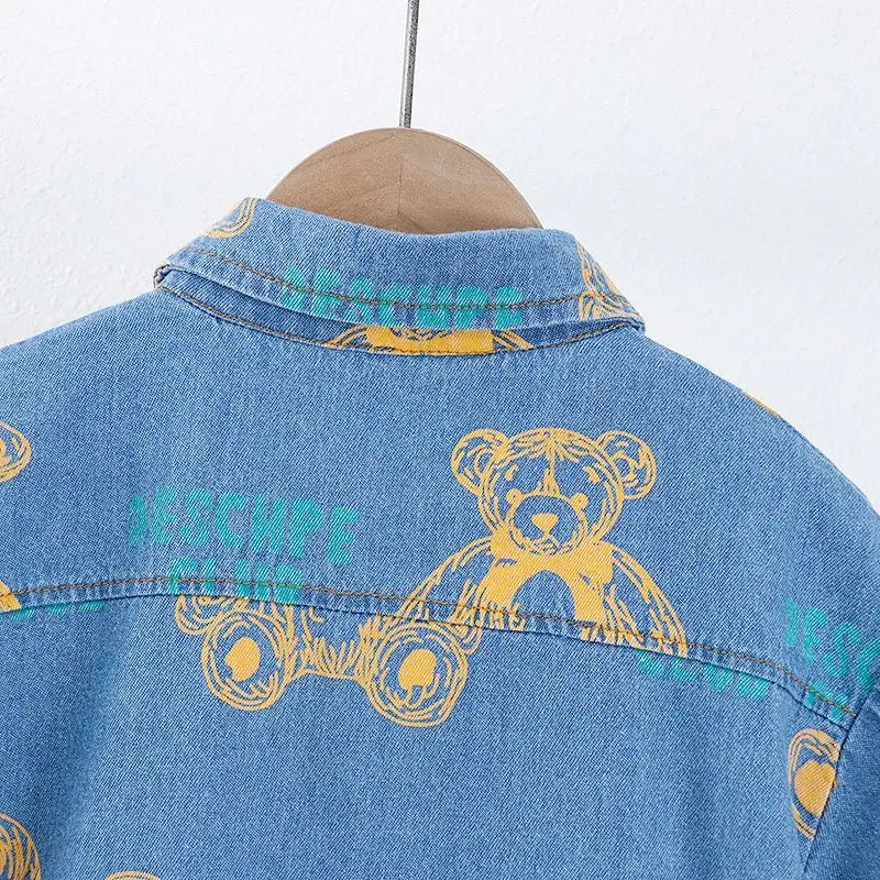 Ju Ju Jam Boys Denim Co-ord Set - Korean-inspired style with an adorable teddy bear print, perfect for trendy kids.
