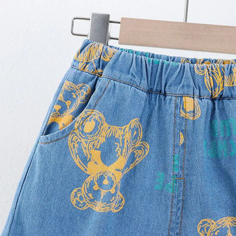 Ju Ju Jam Boys Denim Co-ord Set - Korean-inspired style with an adorable teddy bear print, perfect for trendy kids.