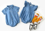 Denim Matching Boys and Girls Romper by Ju Ju Jam - Stylish denim romper set for both boys and girls.