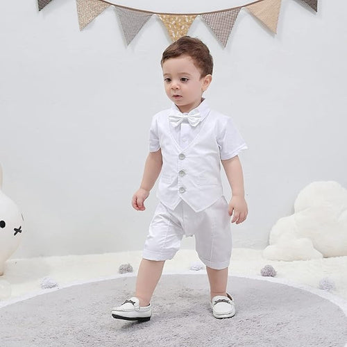 Ju Ju Jam's handsome baby boy party suit romper – perfect for formal parties, combining a sophisticated bow tie and a comfy fit.