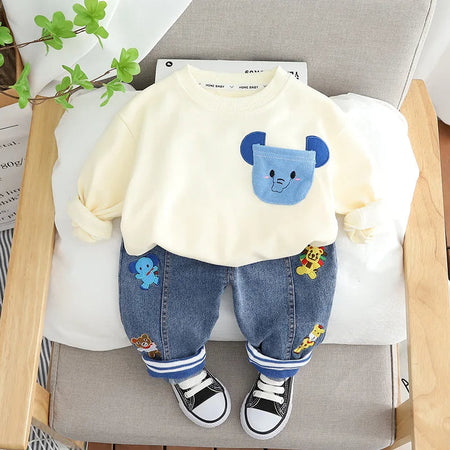 Ju Ju Jam cozy boys' set with an elephant pocket design, including a snug sweatshirt and matching pants.