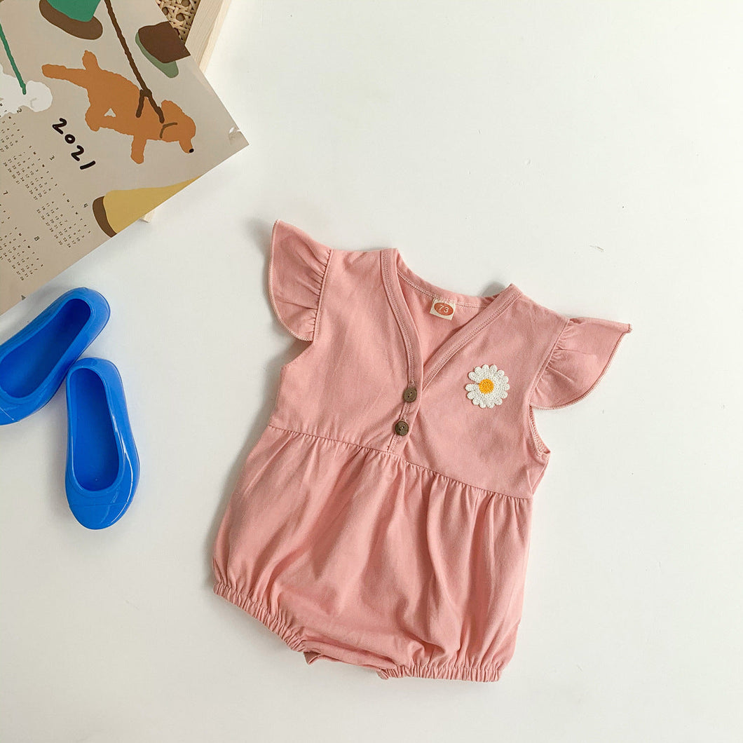 Flower Everyday Baby Comfy Girls Romper by Ju Ju Jam - Comfortable romper featuring a cheerful flower design for everyday use.