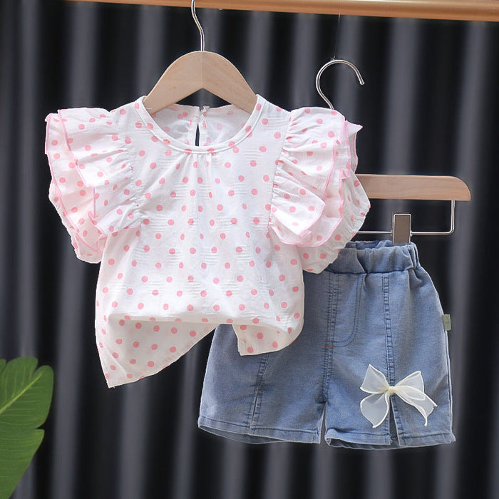 Frill polka dot girls top and bow shorts set by Ju Ju Jam