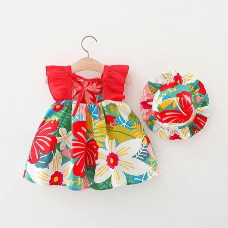 Red Vibrant Frill Sleeves Girls Dress with Hat