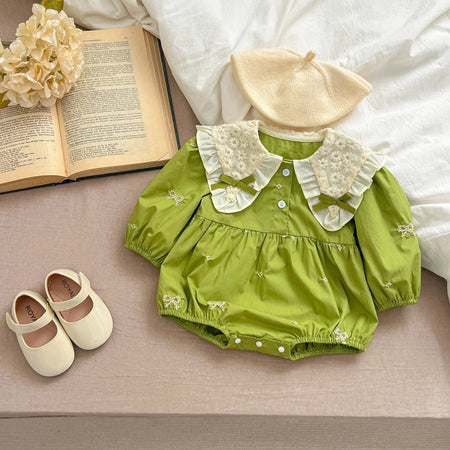 Green Balloon Romper for Baby Girls by Ju Ju Jam - Cute and comfy romper with an aesthetic balloon pattern.