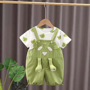 Baby boy and girl in a Green Bear jumpsuit with 3D legs from Ju Ju Jam.