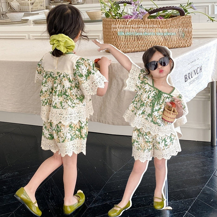 Ju Ju Jam Green Floral Girls Co-ord Set – Stylish and coordinated outfit featuring a green floral print top and matching shorts for girls.
