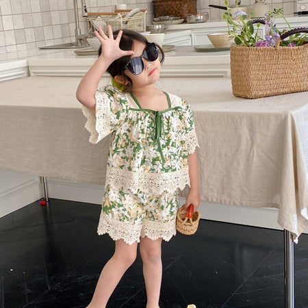 Ju Ju Jam Green Floral Girls Co-ord Set – Coordinated girls' outfit with a stylish green floral top and matching shorts, perfect for a fresh and summery look.