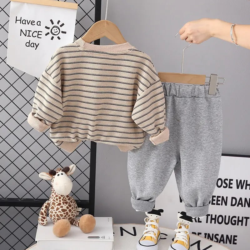 Striped Cozy Boys Set with 3D Teddy Bear