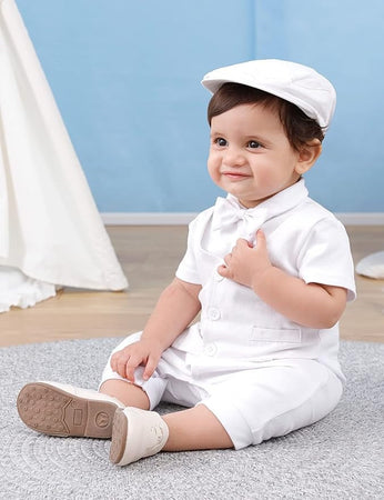 Dapper baby boy suit romper by Ju Ju Jam, designed for comfort and style with a bow tie and tailored pants look.