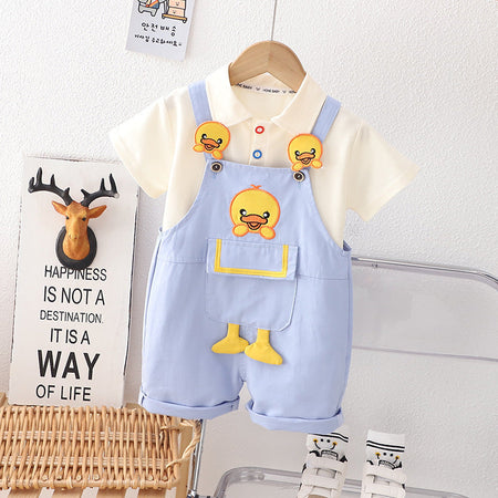 Baby boy and girl in a Hanging Duck jumpsuit from Ju Ju Jam.