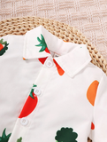 Happy Veggies jumpsuit for baby boys, showcasing cute and colorful vegetable patterns from Ju Ju Jam.