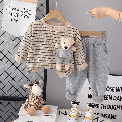 Striped Cozy Boys Set with 3D Teddy Bear