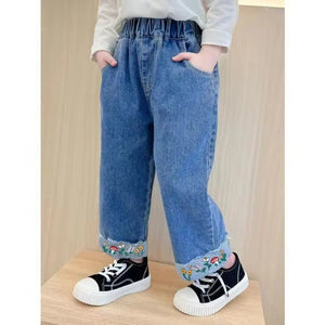 Embroidered Bottom Girls Denim Straight Fit Jeans