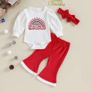 Merry Christmas baby girls romper set with a matching hairband, festive holiday outfit by Ju Ju Jam.