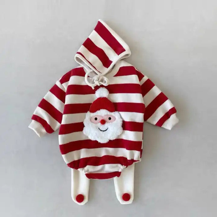 Santa-themed Christmas romper with cap for baby girls and boys, festive holiday outfit by Ju Ju Jam.