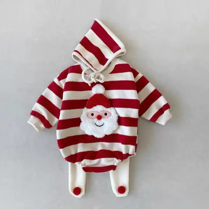 Santa-themed Christmas romper with cap for baby girls and boys, festive holiday outfit by Ju Ju Jam.