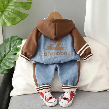 Ju Ju Jam boys' denim set with hood and zipper, offering a cool and casual look with matching pants.