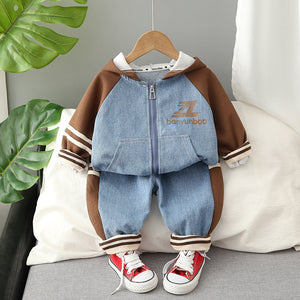 Ju Ju Jam hooded denim zipper set for boys, featuring a stylish denim jacket with a hood and matching pants.