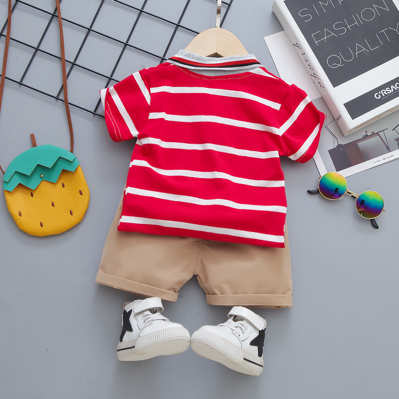 Bear Collar Striped Boys T-shirt and Shorts Set