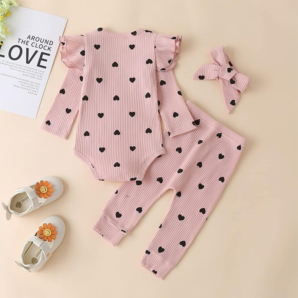 Charming ruffle sleeves baby girls romper with matching pants and head bow from Ju Ju Jam, ideal for playful and stylish looks.