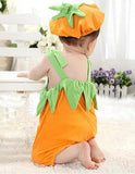 Charming baby girl in a Little Pumpkin romper with cap, featuring a cute pumpkin design from Ju Ju Jam.