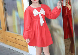 Orange White Bow Girls Dress - Bright and cheerful dress with orange and white colors and a stylish bow, perfect for baby girls, available at Ju Ju Jam.