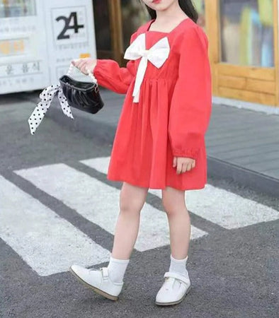 Charming Orange White Bow Girls Dress - Vibrant dress featuring a bow detail and a playful orange and white color scheme, ideal for baby girls, at Ju Ju Jam.