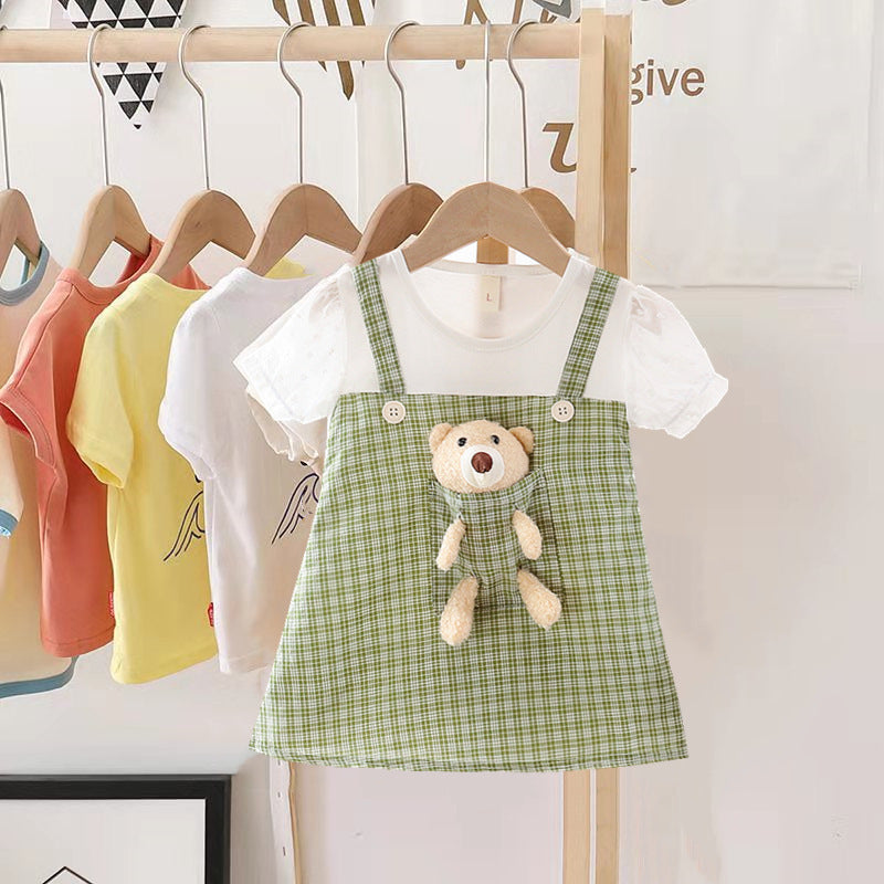 Playful 3D Teddy Suspender Style Girls Dress