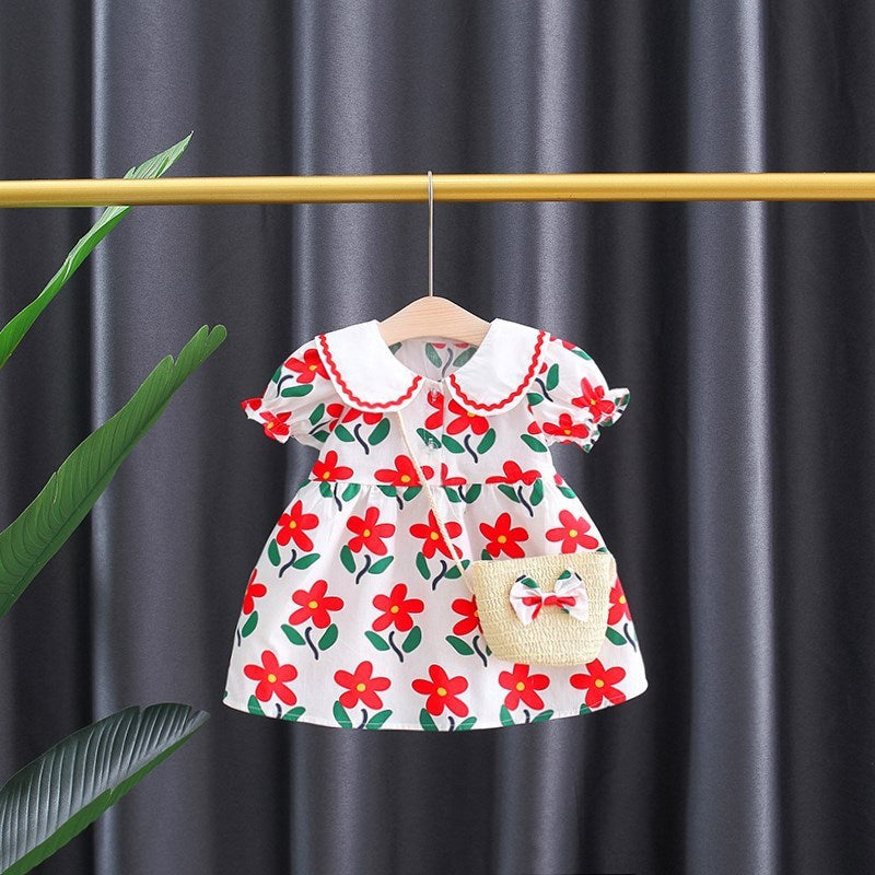 Red Flower Girls Dress with Sling - Adorable dress featuring a vibrant red color with a floral design and a stylish sling strap, perfect for special occasions, available at Ju Ju Jam.