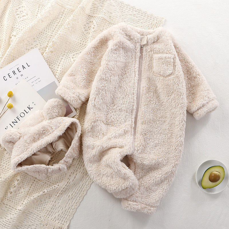 Adorable Mini Bear romper for baby boys and girls, featuring a cute bear design and matching cap, from Ju Ju Jam.