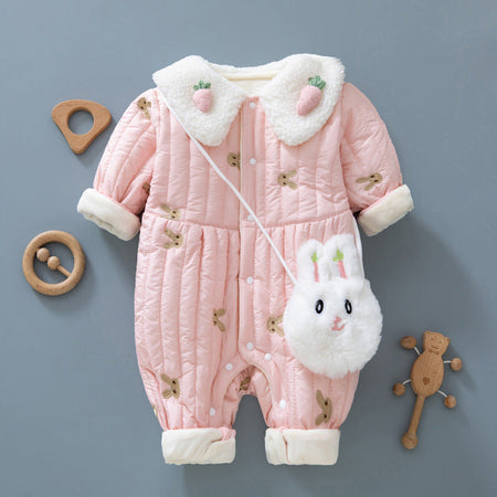 Ju Ju Jam pink baby romper for girls, combining a puffer design with a sweet bunny sling detail for added charm.