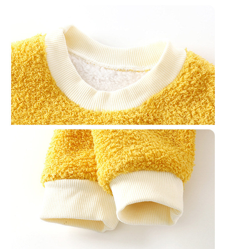 Unisex Mustard Bear Sweater from Ju Ju Jam, designed with a cute bear detail and soft fabric for kids' comfort and warmth.