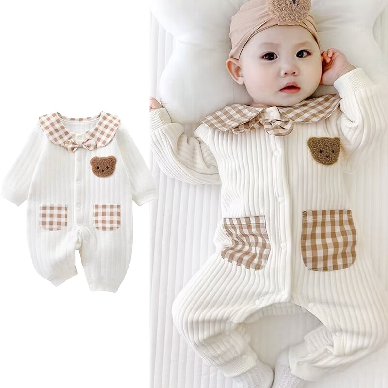 Smart Plaid Collared Baby Boys Girls Bear Romper by Ju Ju Jam – Adorable unisex romper featuring a plaid collar and cute bear design.