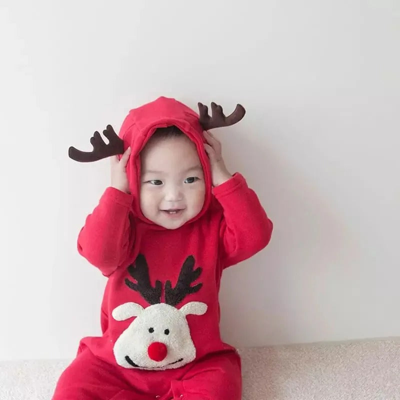 Adorable 3D Reindeer romper for baby boys and girls, perfect for festive celebrations, from Ju Ju Jam.