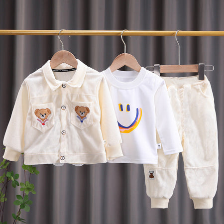 Ju Ju Jam White Smiley Corduroy Boys Set, crafted with premium corduroy fabric for comfort and timeless style.