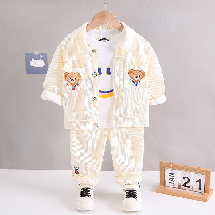 White Smiley Corduroy Three Piece Boys Set by Ju Ju Jam, featuring a stylish corduroy design with cheerful smiley details for a charming look.