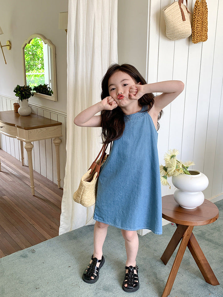 Ju Ju Jam girls' denim dress with a sleek Korean-inspired style and sleeveless design